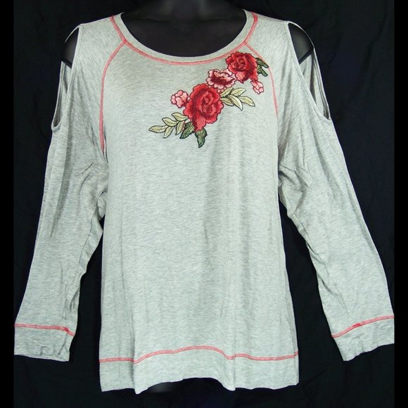 NEW Bobeau 3X Top Rose Applique Cold Shoulder Long Sleeves Heather Gray NWT - Picture 3 of 13